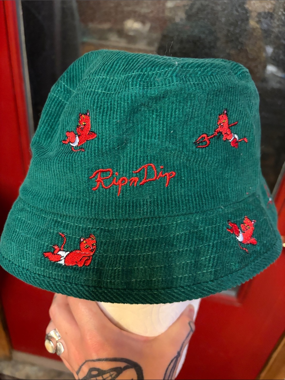 Ripndip green Corduroy Bucket Hat with Red Devil Embroidery